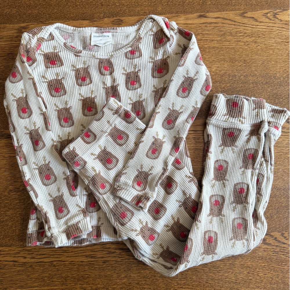 Spearmint Love Rudolph Reindeer Waffle Knit Pajama Set